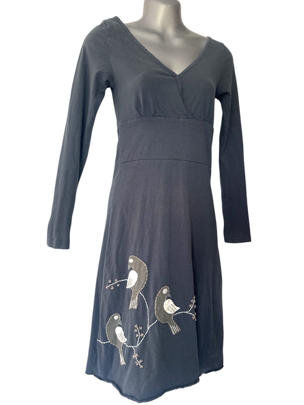 Women’s V-Neck Long Sleeve Bird Embroidered Dress — Charcoal